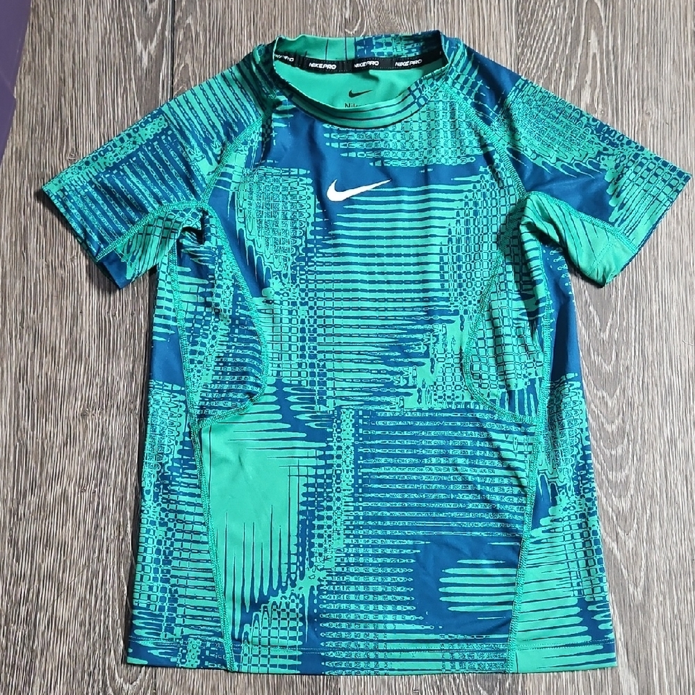 Nike Men’s Teal and Blue Short-Sleeve Swim Rash Guard